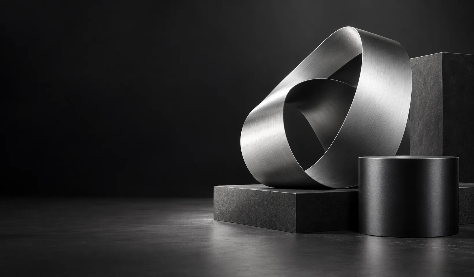 Conceptual metal forms on a dark studio stage. Sample image, not a real product.